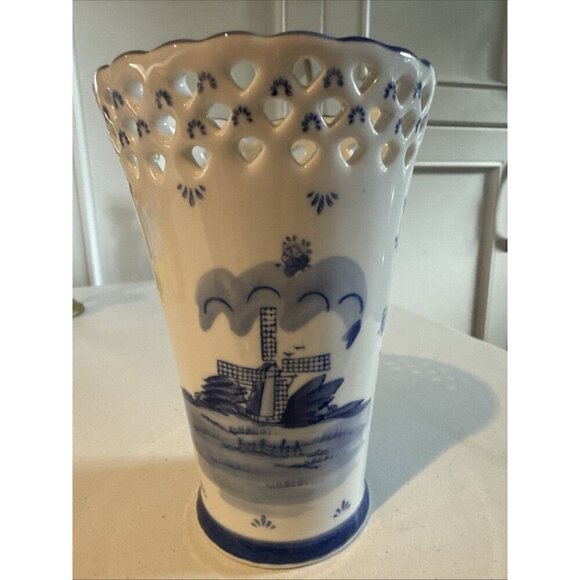 Vintage Delftware Royal Twickel Holland Blue White Pierced Windmill 6" Vase - Picture 1 of 7